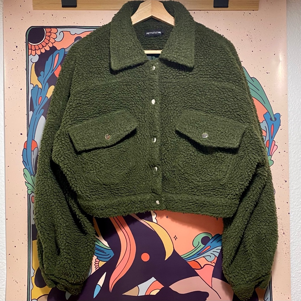 PrettyLittleThing Borg Cropped Trucker Jacket, Green - 6